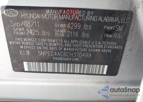 2012 Hyundai Sonata Se from USA, damaged, VIN 5NPEC4AC6CH370499